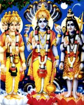 Les 3 divinités de l'hindouisme : Trimūrti : Brahmâ, Vishnou et Shiva